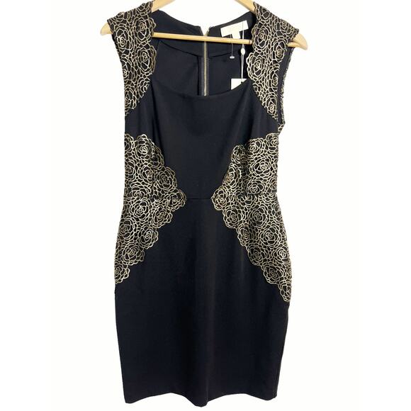 Erin by Erin Fetherston Shelby Black Gold Appliqué Sheath Cocktail Dress Size 4 - Picture 1 of 10